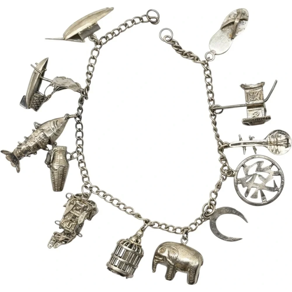Vintage Chinese Export Silver 12 Charm Bracelet OS Silver Fair Articulated Fish